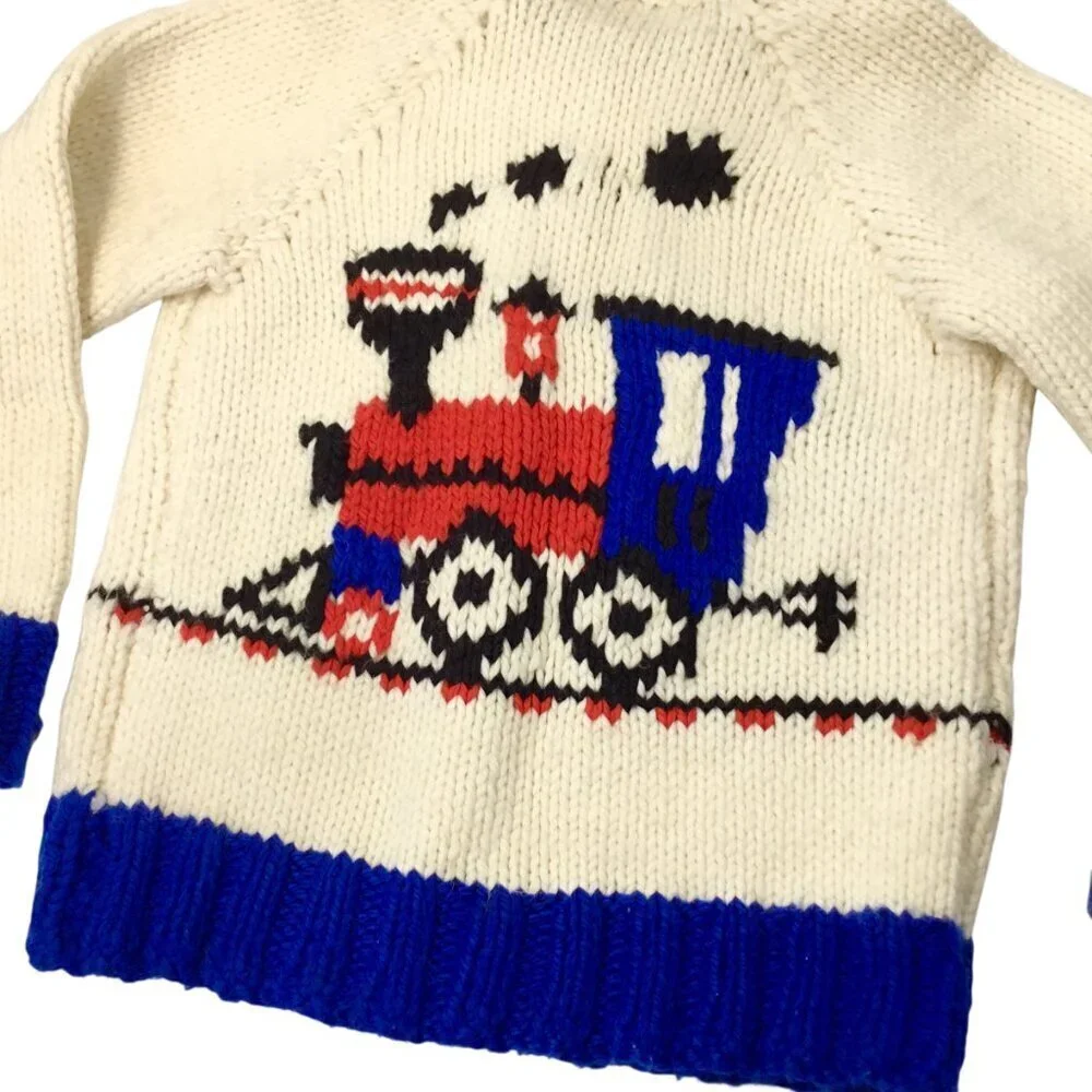 Vintage 60s Hand Knit Child's Cardigan Zipper Full Zip Sweater Train Double Side